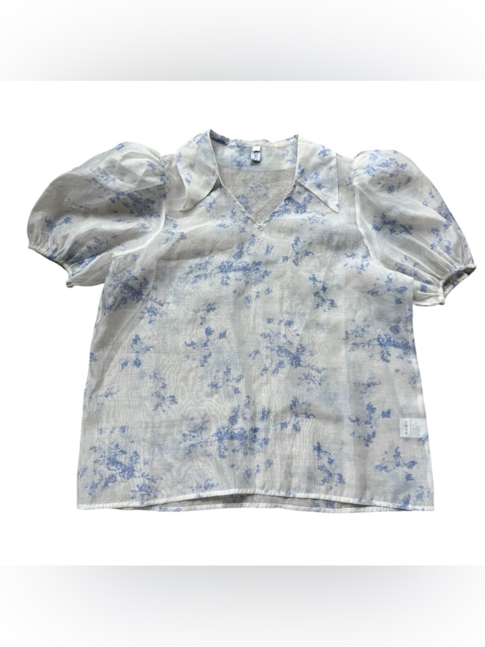 Chicwish Blue Toile Puff Sleeve Blouse Sheer Romantic Cottagecore Top L Coquette